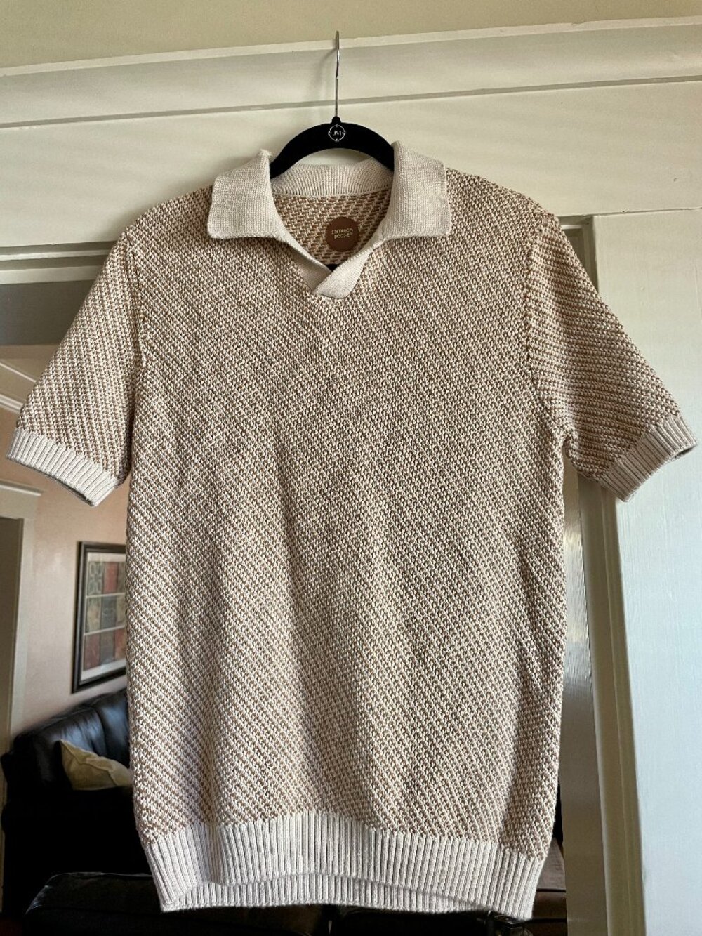 Common People Men's Cream/Tan Short Sleeve Knit Polo Sweater - S